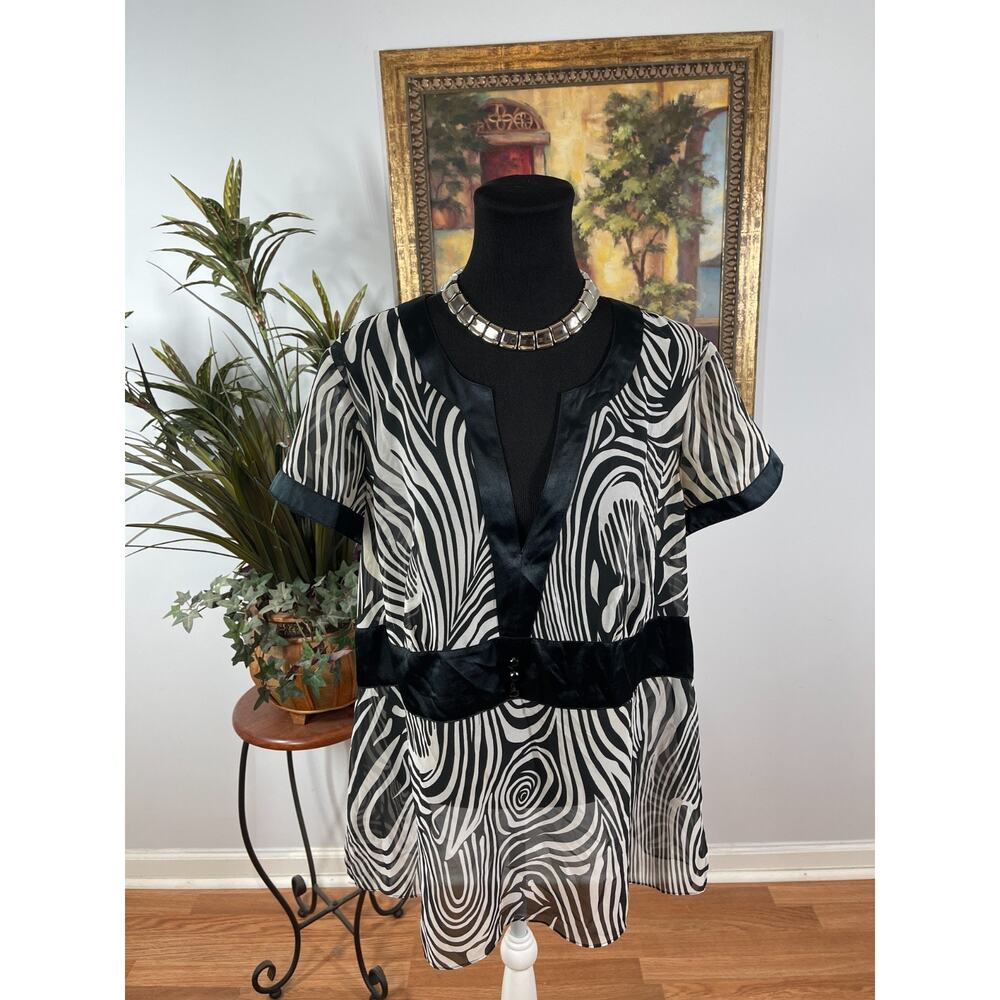 Style&Co Blouse Top Women's Size 18W Black White Zebra Print Satin Sash Bohemian